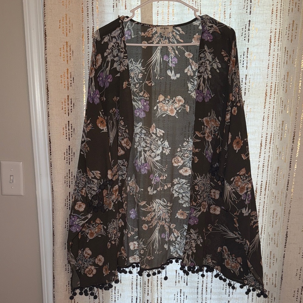 Umgee Floral Kimono with Pom Pom Trim